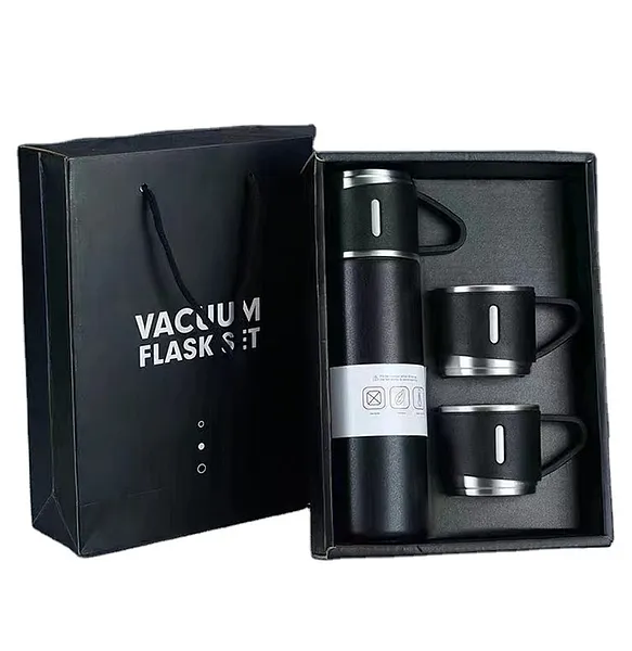 Stainless Steel Vacuum Flask Set with 3 Steel Cups (Set of 3 Pcs) | Black | 500 ml