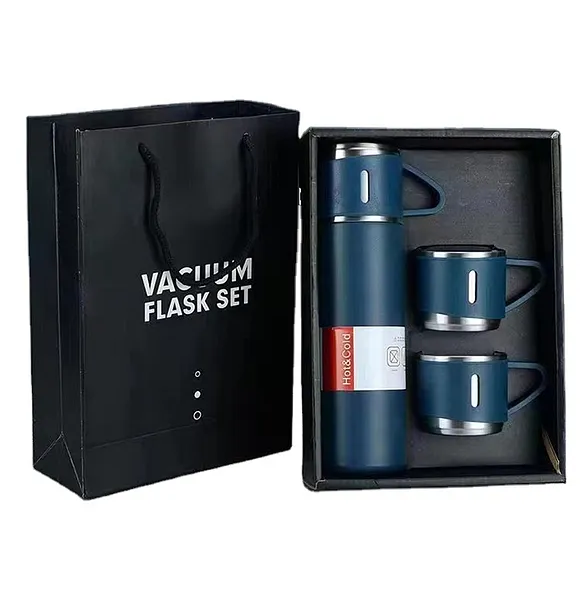 Stainless Steel Vacuum Flask Set with 3 Steel Cups (Set of 3 Pcs) | Magenta Blue | 500 ml
