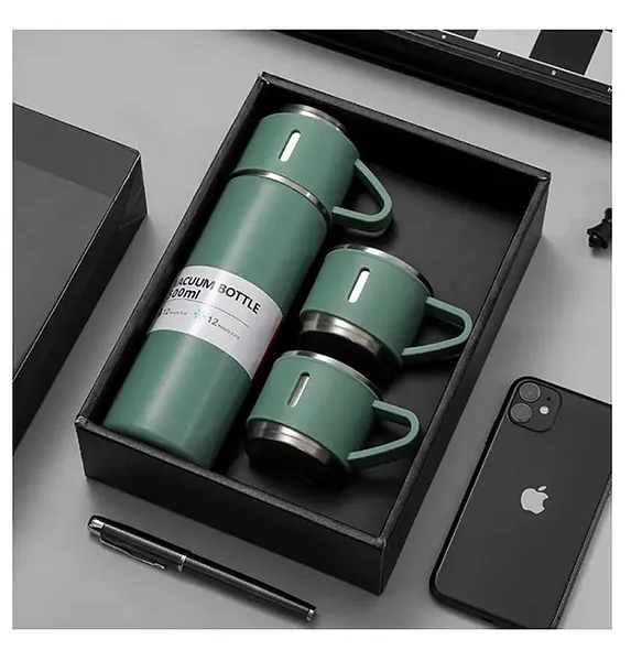Stainless Steel Vacuum Flask Set with 3 Steel Cups (Set of 3 Pcs) | Light Green | 500 ml
