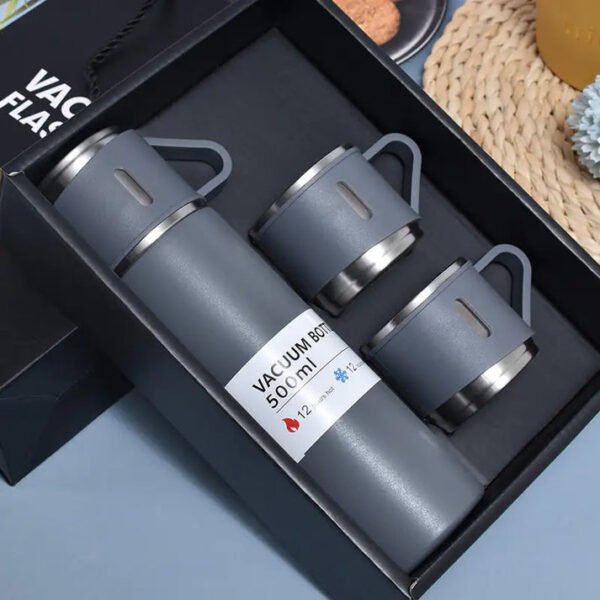 Stainless Steel Vacuum Flask Set with 3 Steel Cups (Set of 3 Pcs) | Grey | 500 ml