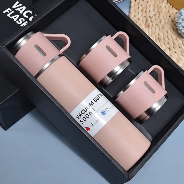 Stainless Steel Vacuum Flask Set with 3 Steel Cups (Set of 3 Pcs) | Baby Pink | 500 ml